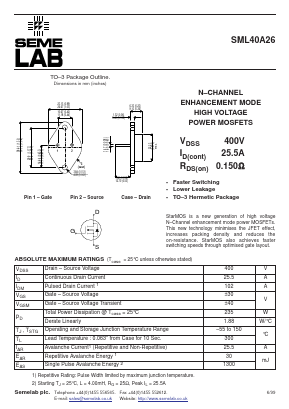 SML40A26 Datasheet PDF Semelab - > TT Electronics plc 