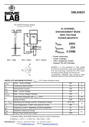 SML60B25 Datasheet PDF Semelab - > TT Electronics plc 