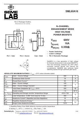 SML60A16 Datasheet PDF Semelab - > TT Electronics plc 