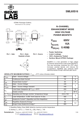 SML60S16 Datasheet PDF Semelab - > TT Electronics plc 