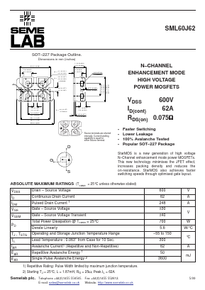 SML60J62 Datasheet PDF Semelab - > TT Electronics plc 