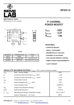 IRFE9110 Datasheet PDF Semelab - > TT Electronics plc 