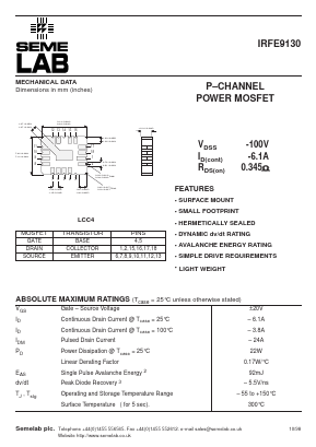 IRFE9130 Datasheet PDF Semelab - > TT Electronics plc 