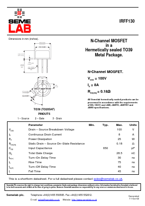 IRFF130 Datasheet PDF Semelab - > TT Electronics plc 