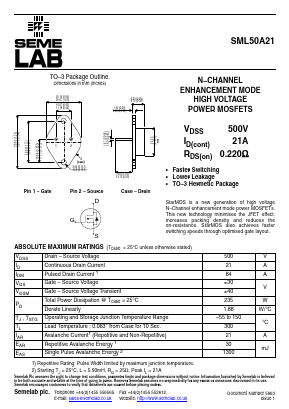 SML50A21 Datasheet PDF Semelab - > TT Electronics plc 