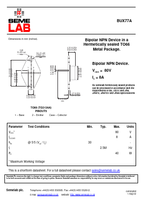 BUX77A Datasheet PDF Semelab - > TT Electronics plc 