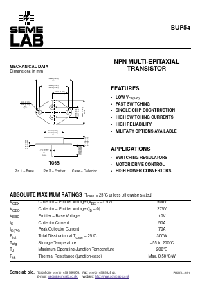 BUP54 Datasheet PDF Semelab - > TT Electronics plc 