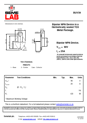 BUV39 Datasheet PDF Semelab - > TT Electronics plc 