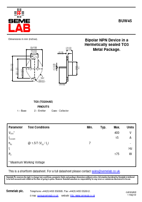 BUW45 Datasheet PDF Semelab - > TT Electronics plc 