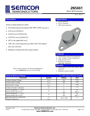 2N5661J Datasheet PDF Semicoa Semiconductor