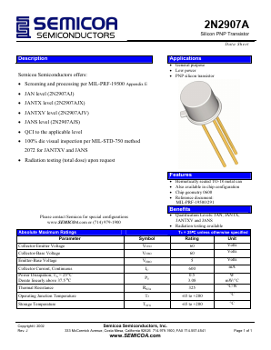 2N2907AJV Datasheet PDF Semicoa Semiconductor