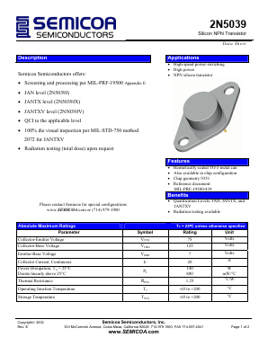 2N5039 Datasheet PDF Semicoa Semiconductor