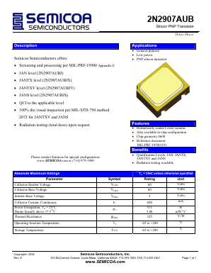 2N2907AUBJ Datasheet PDF Semicoa Semiconductor