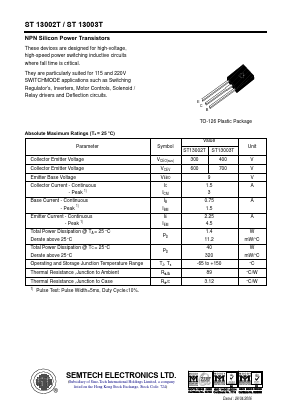 ST13003T Datasheet PDF Semtech Electronics LTD.