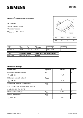 BSP170 Datasheet PDF Siemens AG