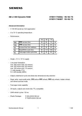 HYB5117400BT-70 Datasheet PDF Siemens AG