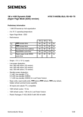 HYB514405BJL-50 Datasheet PDF Siemens AG