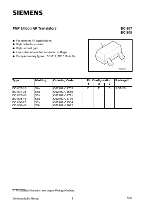 BC807 Datasheet PDF Siemens AG