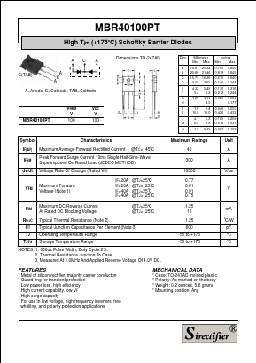 MBR40100PT Datasheet PDF Sirectifier Electronics