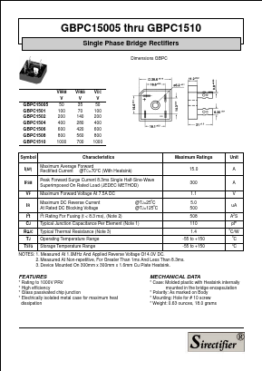 GBPC15005 Datasheet PDF Sirectifier Electronics