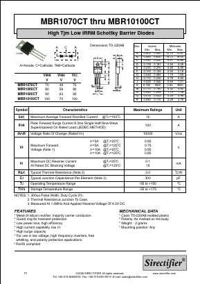 MBR10100CT Datasheet PDF Sirectifier Electronics