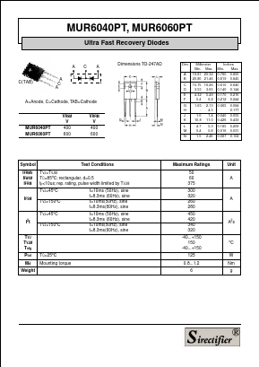 MUR6040PT Datasheet PDF Sirectifier Electronics