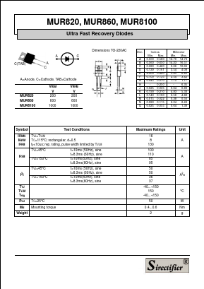 MUR860 Datasheet PDF Sirectifier Electronics