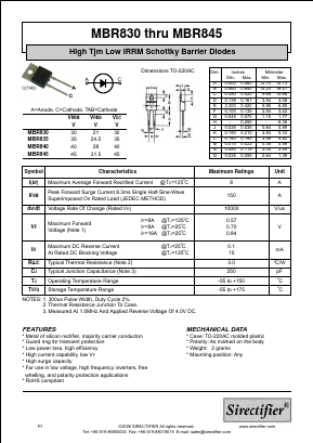 MBR830 Datasheet PDF Sirectifier Electronics