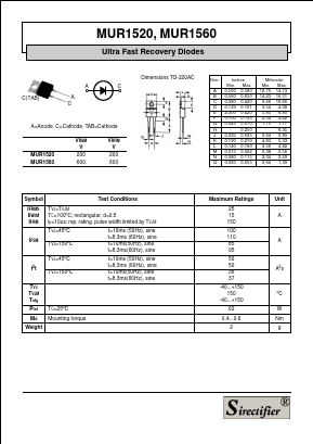 MUR1520 Datasheet PDF Sirectifier Electronics