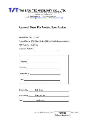 TA0219A Datasheet PDF TAI-SAW TECHNOLOGY CO., LTD.