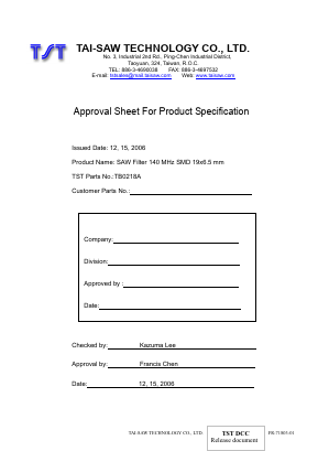 TB0218A Datasheet PDF TAI-SAW TECHNOLOGY CO., LTD.