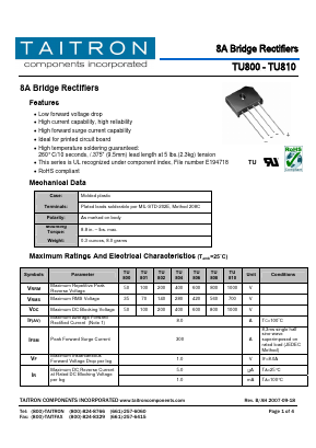 TU808 Datasheet PDF TAITRON Components Incorporated