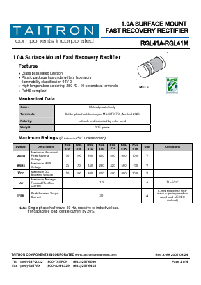 RGL41A Datasheet PDF TAITRON Components Incorporated