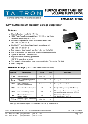 SMAJ43CA Datasheet PDF TAITRON Components Incorporated