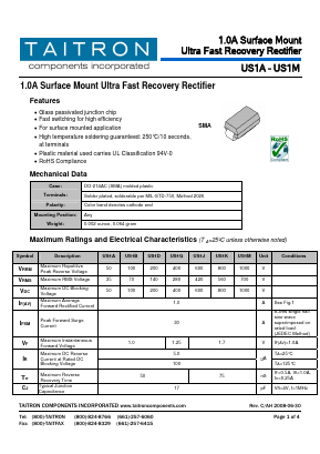 US1A Datasheet PDF TAITRON Components Incorporated