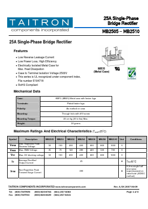 MB2505 Datasheet PDF TAITRON Components Incorporated