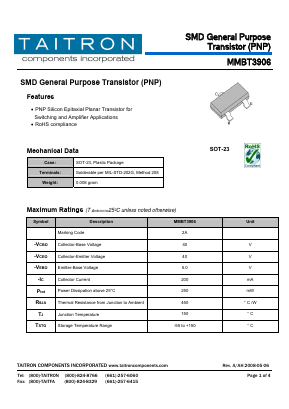 MMBT3906 Datasheet PDF TAITRON Components Incorporated