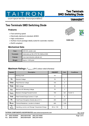 1N4448WT Datasheet PDF TAITRON Components Incorporated