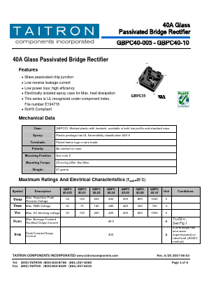 GBPC40-005 Datasheet PDF TAITRON Components Incorporated