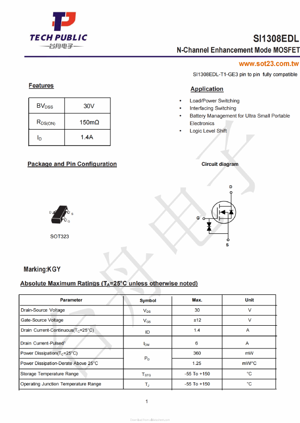 SI1308EDL Datasheet PDF TECH PUBLIC Electronics co LTD