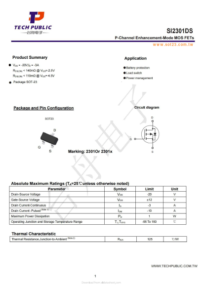 SI2301DS Datasheet PDF TECH PUBLIC Electronics co LTD