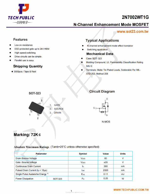 2N7002WT1G Datasheet PDF TECH PUBLIC Electronics co LTD