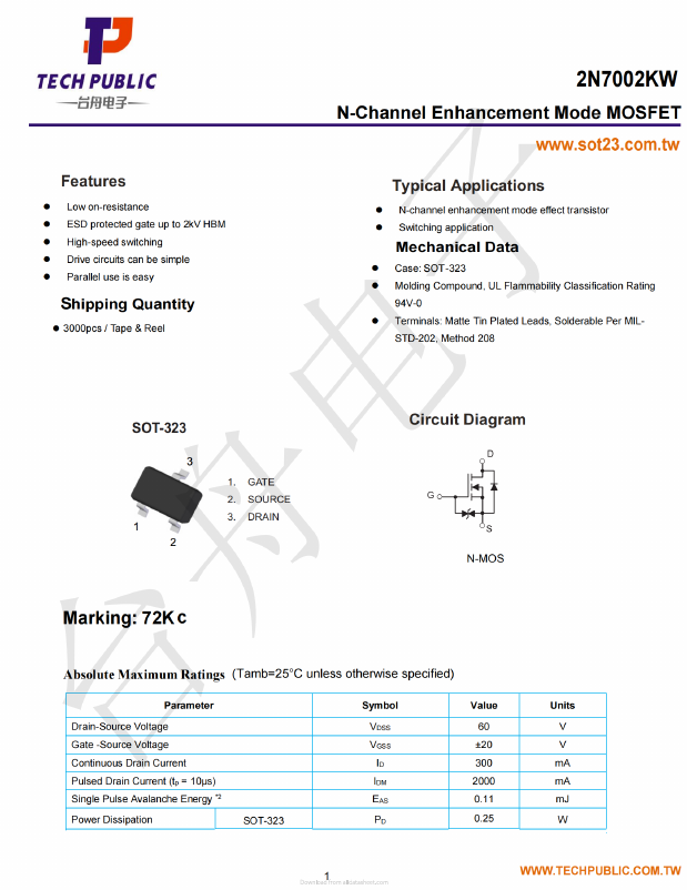 2N7002KW Datasheet PDF TECH PUBLIC Electronics co LTD