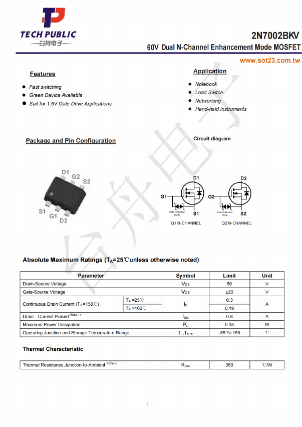 2N7002BKV Datasheet PDF TECH PUBLIC Electronics co LTD