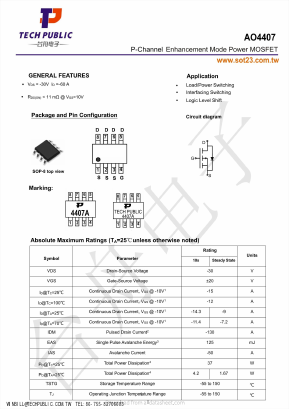 AO4407 Datasheet PDF TECH PUBLIC Electronics co LTD