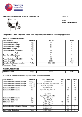 2N3772 Datasheet PDF Transys Electronics Limited