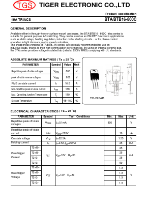 BTA16-800C Datasheet PDF Tiger Electronic