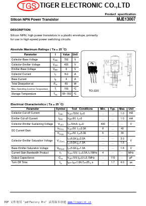 MJE13007 Datasheet PDF Tiger Electronic