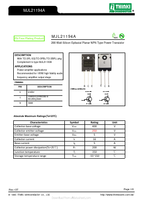 MJL21194A Datasheet PDF Thinki Semiconductor Co., Ltd.