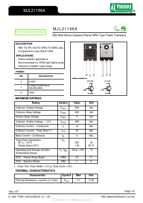 MJL21196A Datasheet PDF Thinki Semiconductor Co., Ltd.